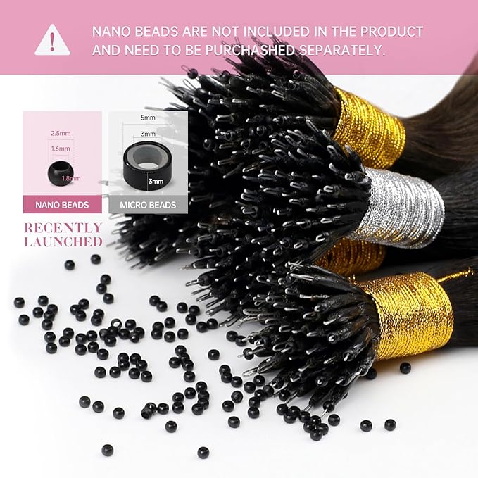 YoungSee Nano Ring Hair Extensions Black Ombre Nano Hair Extensions Real Human Hair Ombre Black to Silver Nano-Bead Hair Extension Human Hair Balayage Silver 1g/s 50g 20inch