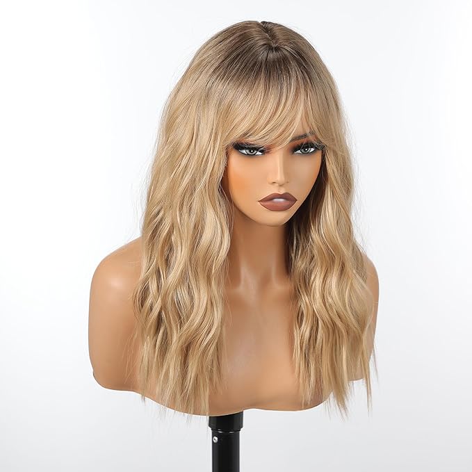 Blonde Wig with Bangs,Ombre Blonde Wavy Wigs for Women,Shoulder Length Curly Synthetic Hair Wig for Party Daily Use 18IN