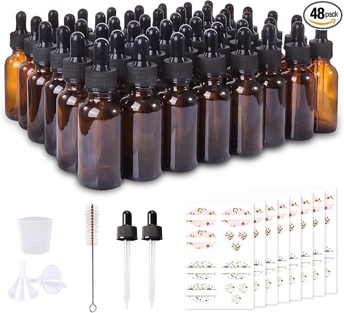 48 Pack 1oz Amber Glass Bottles with Glass Eye Droppers for Essential Oils, Perfumes & Lab Chemicals (Brush, Funnels, 2 Extra Droppers, 54 Pieces Labels & 30ml Measuring Cup Included)