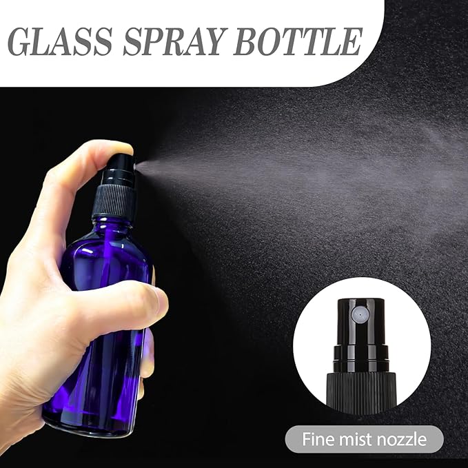 3.4 oz Glass Blue Spray Bottles,Small Empty Fine Mist Refillable Travel Spray Bottle for Cleaning,Perfume,Aromatherapy,Cosmetic Sprays,Hair,Essential Oils with Fine Mist Dispenser（6 Pack）