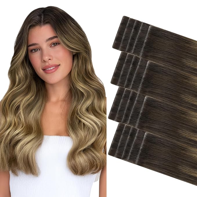 GOO GOO Invisi Edge Tape in Hair Extensions Human Hair, 2/6/18 Balayage Brown to Dirty Blonde, 20pcs 18inch 50g, Virgin Remy Hair, Seamless Injected Tape, Natural Look