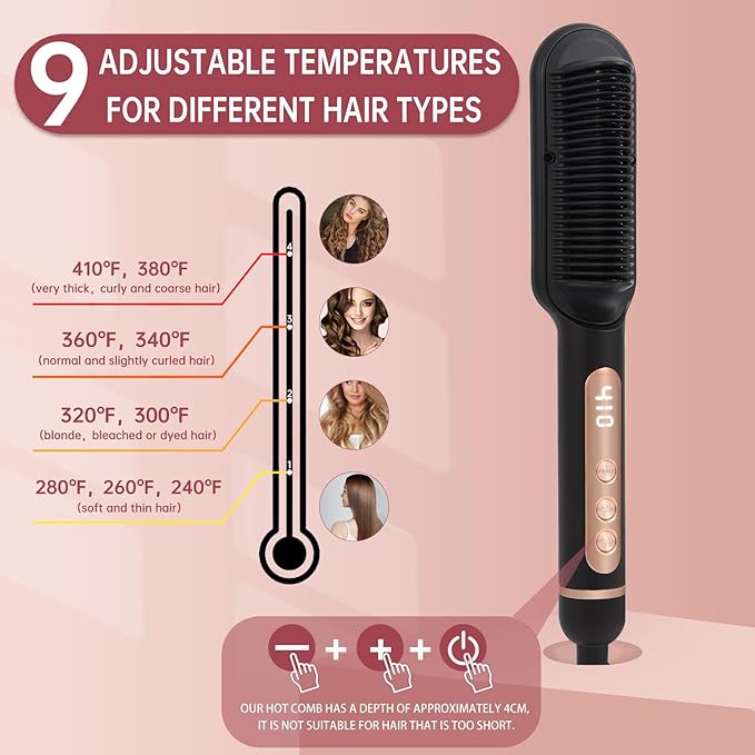 Negative Ionic Hair Straightener Brush with 9 Temp Settings, 30s Fast Heating Hair Straightening Comb with LED Display, Anti-Scald & Auto-Shut Off Hair Brush Straightener for Women (Black)
