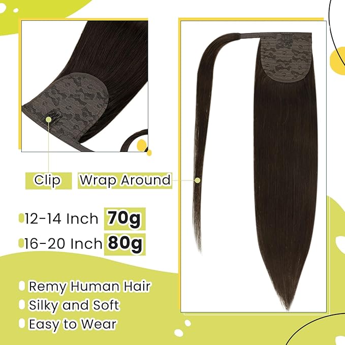RUNATURE Dark Brown Ponytail Extension Real Hair, 20 Inch Ponytail Extension Human Hair, Long Straight Human Hair Ponytail, Remy Natural Hair, Add Length, 80g #2 Dark Brown
