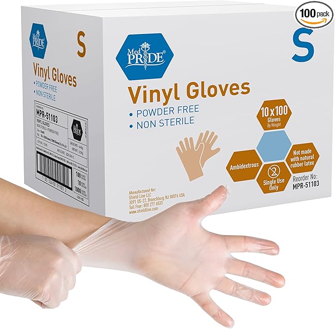 Med PRIDE Vinyl Gloves| 4.3 mil Thick, Powder-Free, Non-Sterile, Heavy Duty Disposable Gloves| Medical, Food Hand