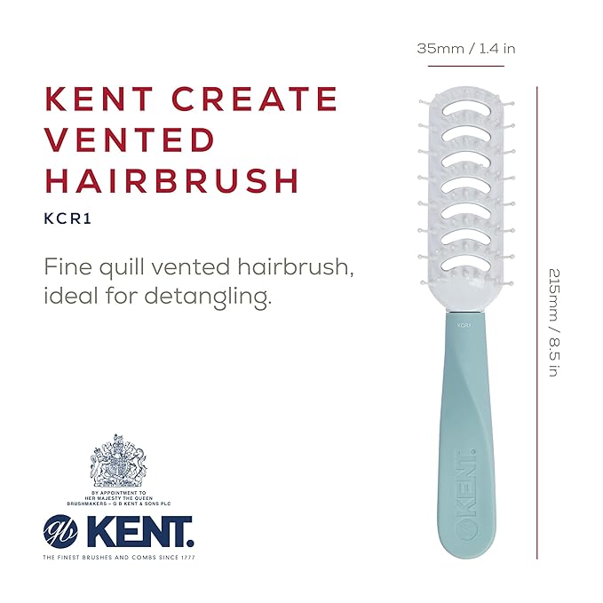 Kent KCR1 "Create" Vented Hair Brush for Blowdrying, Creating Root Lift, and Volume in All Hair Types - Small Vent Brush with Green Ergonomic Handle and Soft Ball Tipped Bristles for Pain Free Use