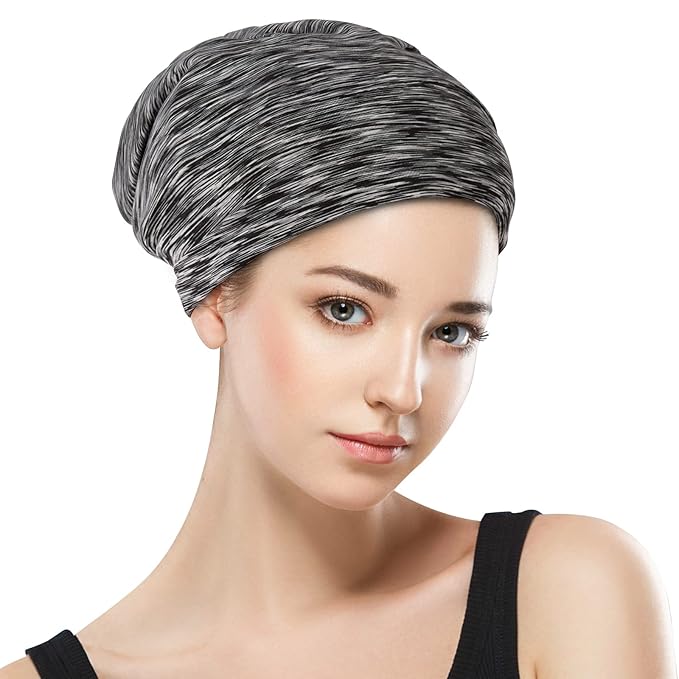 Silky Satin Lined Bonnet Sleep Cap - Adjustable Stay on All Night Hair Wrap Cover Slouchy Beanie for Curly Hair Protection for Women and Men - Heather Black