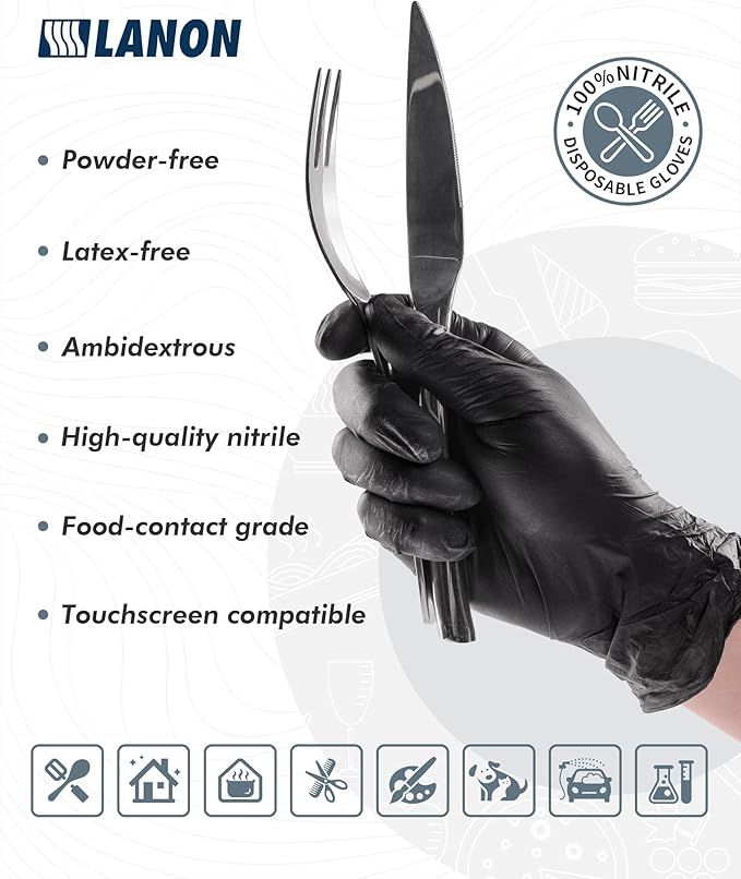 LANON Food Safe Disposable Nitrile Gloves, Latex-Free, Powder-Free, Silicone-Free, Textured Fingertips, Cooking, Black，Medium