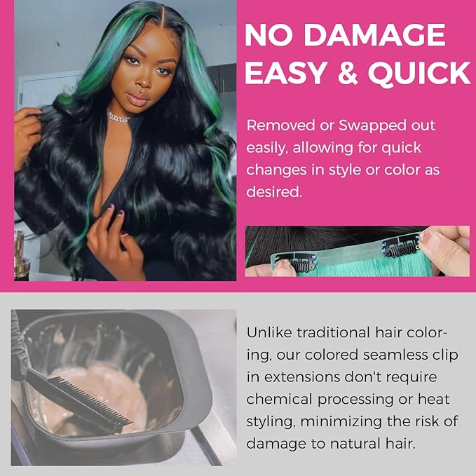 Lashey Seamless Clip in Hair Extensions Human Hair 4pcs 48g Green 20 Inch Straight 100% Remy Human Hair Extensions for Black Women
