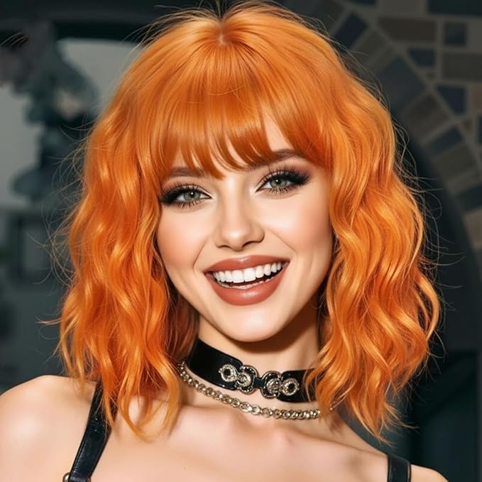 AISI HAIR Orange Synthetic Wavy Curly Bob Wig with Bangs Short Wavy Hair for Women Synthetic Heat Resistant Bob Wigs