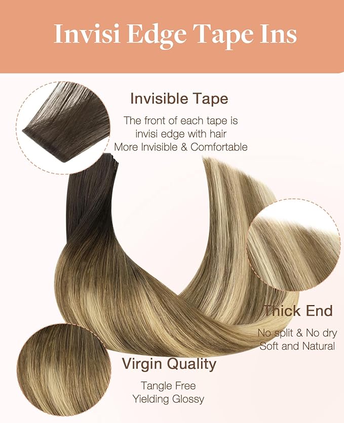 GOO GOO Invisi Edge Tape in Hair Extensions Human Hair, 2/6/18 Balayage Brown to Dirty Blonde, 20pcs 18inch 50g, Virgin Remy Hair, Seamless Injected Tape, Natural Look