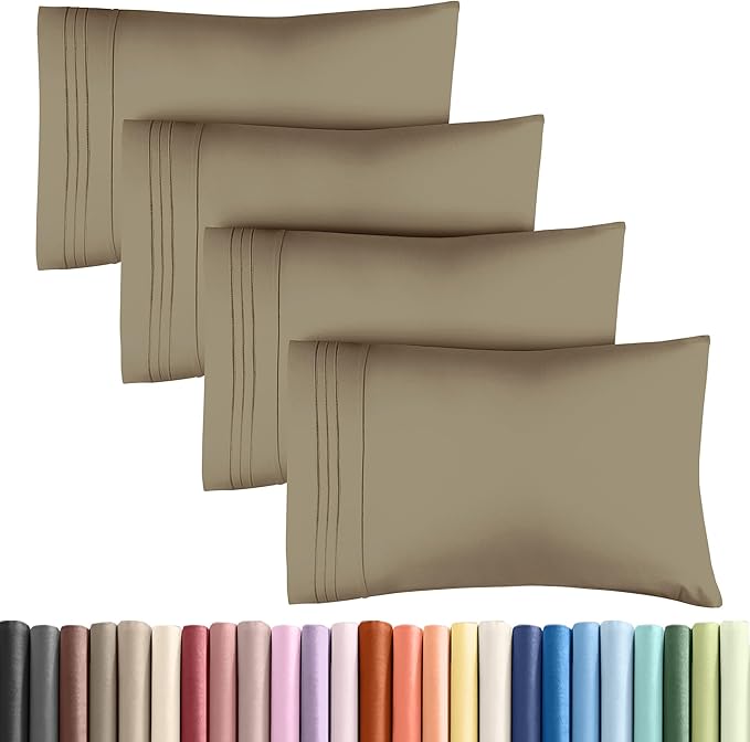 King Pillow Cases Set of 4 - Ultra Soft Hotel Quality Pillowcase Covers - Comfy, Cozy & Wrinkle Free - Shrinkage, Stain and Fade Resistant - Machine Washable Pillow Protectors - 4 Piece Set - Khaki