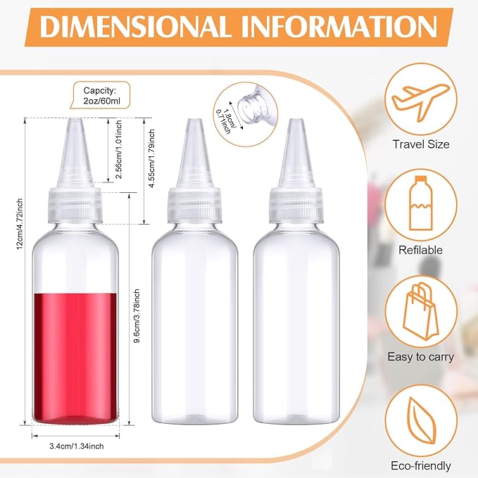 Eccliy 60 Pieces 2 oz 60 ml Plastic Bottles Applicator with Twist Top Cap Pet Refillable Plastic Empty Applicator Bottle for Hair with Clear Twist Top Cap for Hair Oils and Liquids