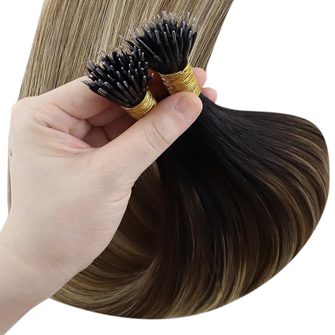 YoungSee 24inch Nano Hair Extensions Brown to Blonde Nano Bead Extensions Human Hair Ombre Dark Brown to Blonde Pre Bonded Nano Tip Hair Extension Real Human Hair Long Straight 24 inch 1g/s 50g