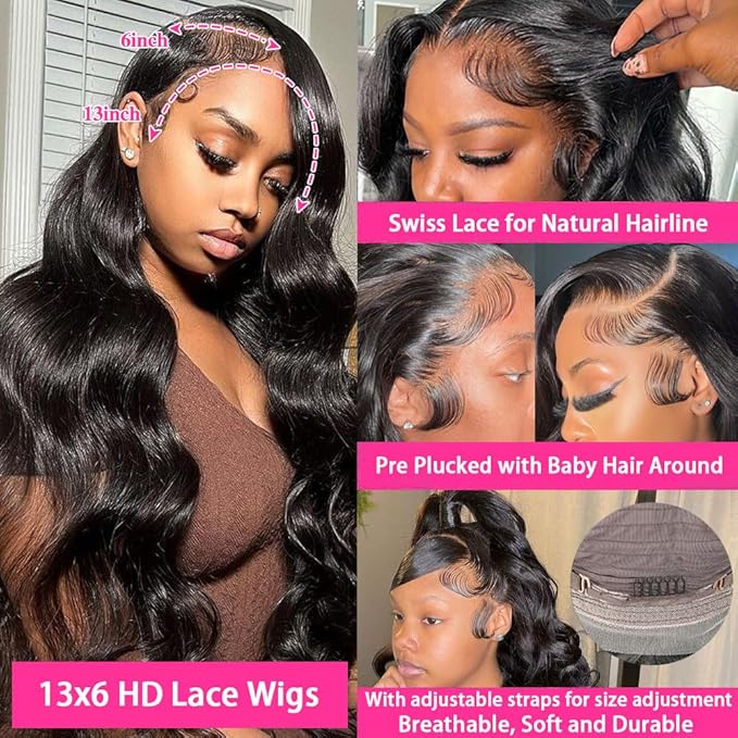 13X6 Body Wave Lace Front Wigs Human Hair 180% Density 26 Inch HD Lace Front Wigs Human Hair Pre Plucked Glueless Wigs for Black Women Frontal Wigs Natural Color