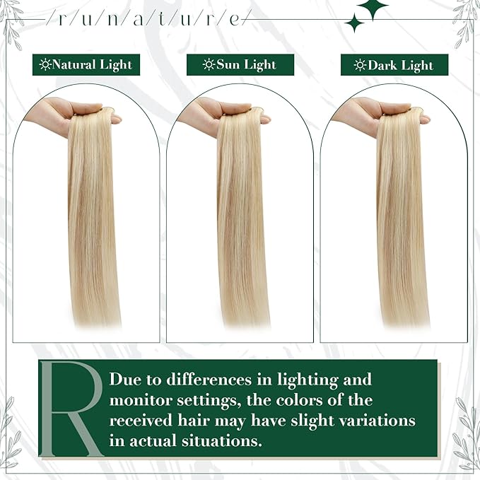 RUNATURE Clip in Hair Extensions Real Human Hair, Blonde Human Hair Clip in Extensions, Remy Straight Real Hair, Long Lasting, 14 Inch 50g 3pcs #18P60 Ash Blonde Highlights
