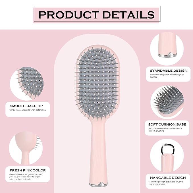 Hair Brush Set, Professional Styling Tools with Combs and Accessories, Pink, Gift Box Included (Pink Brush+Pink Comb)