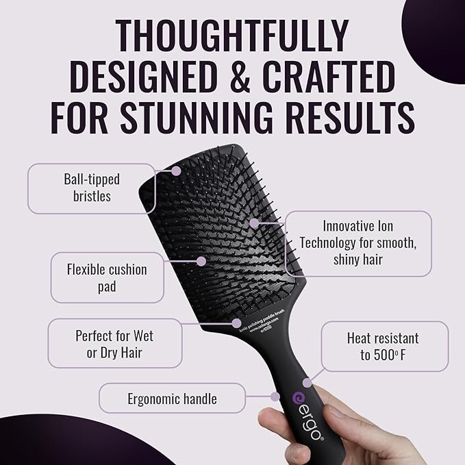 ERGO Ionic Paddle Hair Brush – Large Polishing Brush for Long-Lasting Shine, Detangling Brush for Wet & Dry Hair Care, Hair Styling Tool for Blow Drying (ER1000)