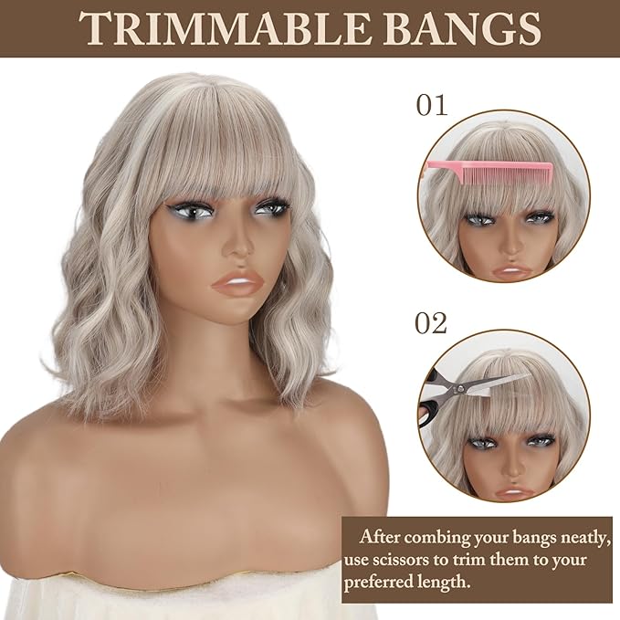 MISSQUEEN Ash Blonde Wavy Wig with Bangs Short Grey Blonde Wavy Bob Wig for Women Colorful Synthetic Heat Resistant Fiber Wigs for Daily Cosplay Costume Party Christmas Holiday Used (12inch)