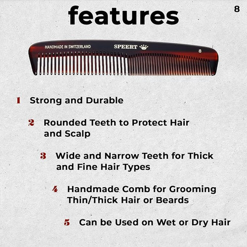 #8 Handmade Wide Narrow Tooth Comb Tortoise Havana Acetate Thick Coarse Curly Thin Fine Straight Hair Detangling Parting Grooming Teasing Styling Hairdresser Barber Hairdressing Wet Dry Pocket