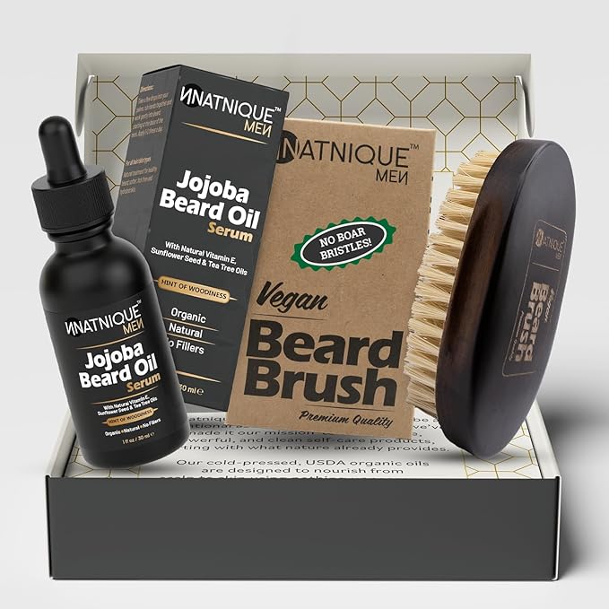 Natnique Beard Care Gift Set – Organic Jojoba Beard Conditioner with Vitamin E & Tea Tree + Vegan Beard Brush – Natural Moisturizer & Grooming Kit for Men – Softens, Hydrates & Reduces Itch
