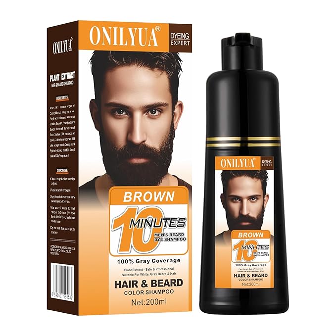 Men's Brown Beard Dye, Dark Brown Hair Dye for Gray Hair Coverage, 3 in 1 Hair Dye Shampoo, Mustache & Beard Dye for Men, Quick & Easy to Use at Home, Long Lasting Beard Color for Men 200ML