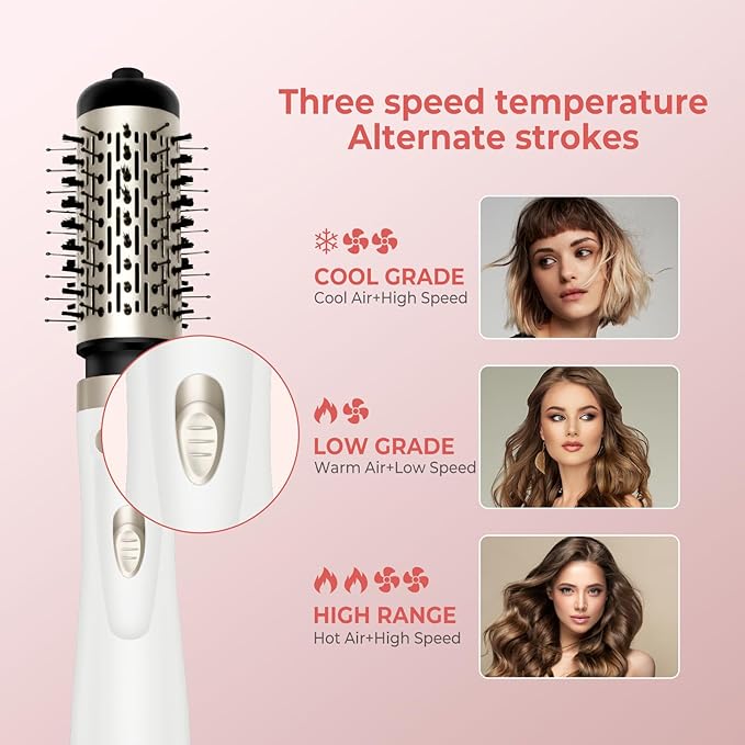 Hair Dryer Brush, 3-in-1 Rotating Round Hot Air Spin Brush Set with 2 Brushes (2" & 1.5"), Negative Ionic Blow Volumizer, 2 Detachable Auto-Rotating Curling Brush 100-120V