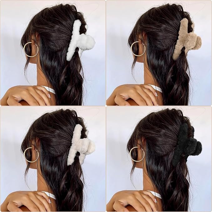 5PCS Large Claw Hair Clips for Thick Hair Big Banana Hair Clips for Women Nonslip Strong Hold Hair Claw Clip Plush (White+Black+Beige+Brown+Coffee)