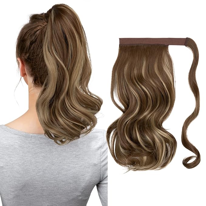 CJL HAIR 14" Short Ponytail Hair Extension Wrap Around Pony Tail Clip in Curly Wavy Synthetic Fake Hairpiece for Women Ash Medium Brown/Ash Blonde