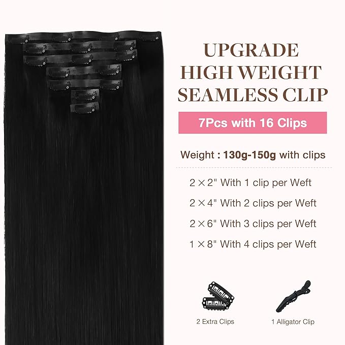 GOO GOO Clip in Hair Extensions Real Human Hair, Remy Human Hair Extensions Clip ins for Women, Natural Human Hair, 22inch 160g 7Pcs, #1 Jet Black