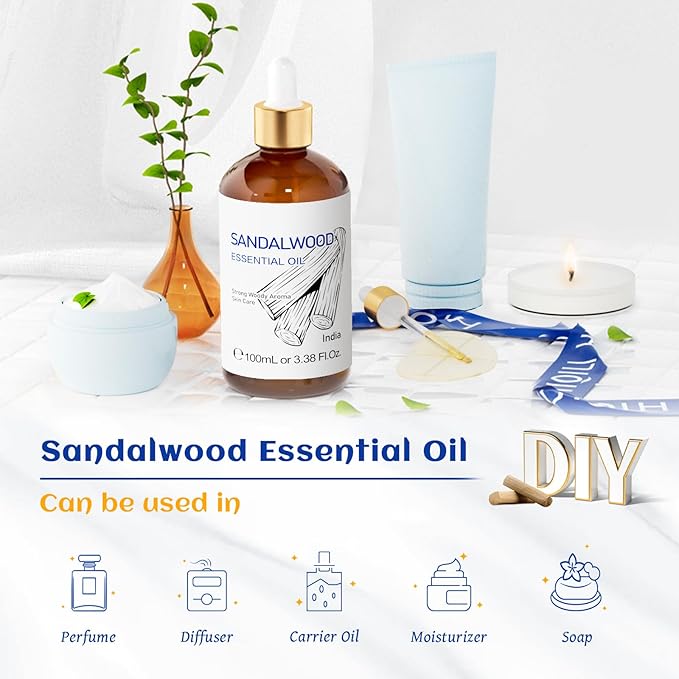 HIQILI Sandalwood Essential Oils, Long-Lasting Scent for Perfume, Diffuser, Soap Making & Candle- 3.38 Fl Oz