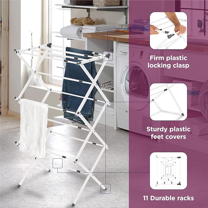 BLACK+DECKER 3 Tier Expandable Collapsing Foldable Laundry Rack for Air Drying Clothing, Space Saving Heavy Duty Lightweight Metal Drying Rack(White)