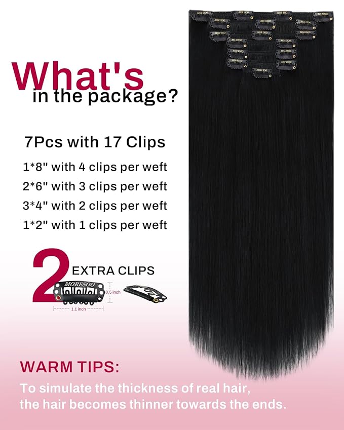 Moresoo Jet Black Clip in Hair Extensions Human Hair Black Hair Extensions Clip in Straight Remy Human Hair Double Weft 120g 22 Inch