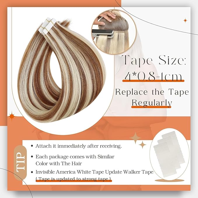 Full Shine Seamless Tape in Hair Extensions Color 330 Auburn Highlight Blonde Human Hair Extensions Tape in 18 Inch Invisible Tapes in Extensions Add Length for Women 50Gram 20Pcs Double Sided Tapes