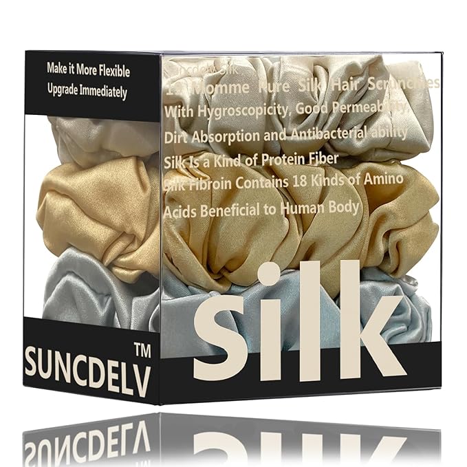 Suncdelv Silk,100% Silk Scrunchies for Hair,22 Momme Hair Ties for Anti-Crease & Breakage,Natural Women Hair Accessories，Fashion Hairbands 3PCS（Grey, gold, khaki））)