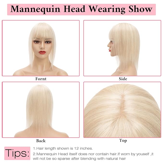 SEGO 100% Real Human Hair Toppers, with Air Bangs, Silk Base 150% Density, Clip in Topper, 2.7”x5.1”, HairPieces for Women, with Thinning/Hair Loss Cover Gray