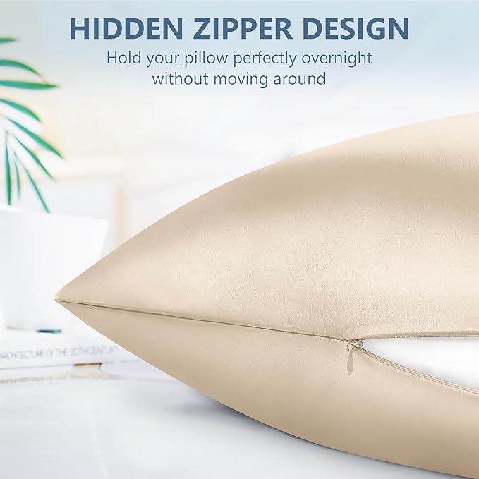 Silk Pillow Cases Standard Size 100% Mulberry Silk Pillowcase for Hair & Skin 22 Momme Both Sided Grade 6A Silk Cooling Soft Breathable 20 x 26 Inches with Hidden Zipper 1PC, Beige
