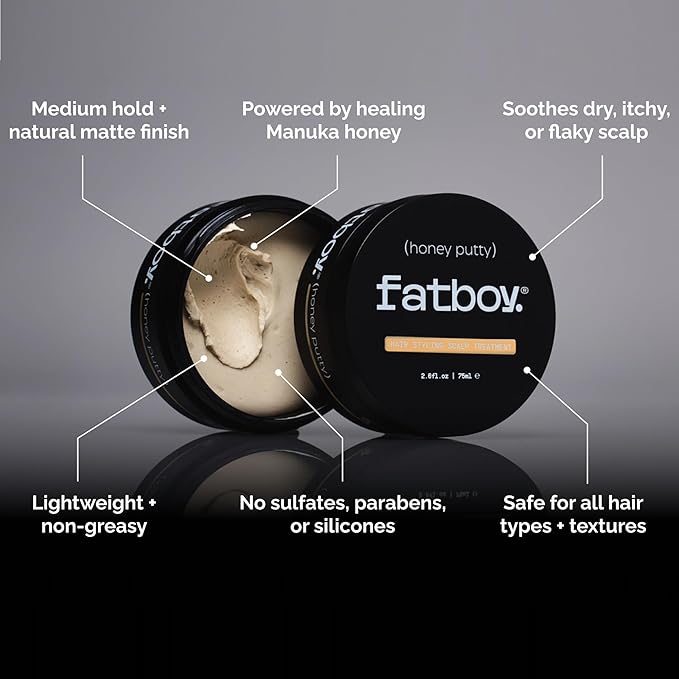 Fatboy Honey Putty, Styling Putty, Leave-In Scalp Treatment, and Hair Nourishment with Manuka Honey and Paw Paw, for Men and Women. Lightweight, Medium Hold, Paraben-Free, Color-Safe, 2.6 oz