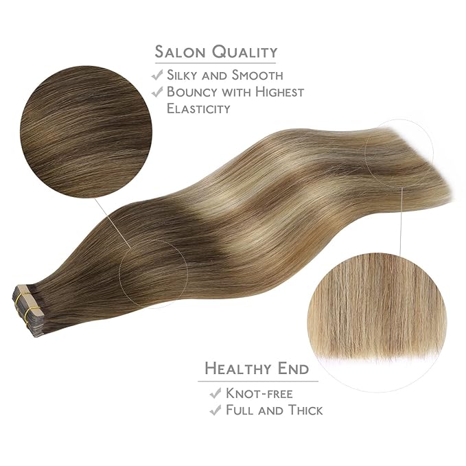WENNALIFE Tape in Hair Extensions Human Hair, 20pcs 22 inch 50g Ombre Walnut Brown to Ash Brown and Bleach Blonde Remy Tape Hair Extensions Real Human Hair Tape Extensions Coloured Hair Extensions