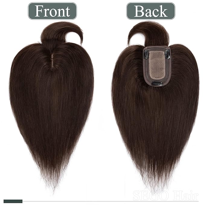 SEGO Human Hair Toppers for Women with Thinning Hair, Toppers Hair Pieces Clip in Toppers Straight Hair Pieces with Front Bangs 150% Density Silk Base -14 Inch #2 Dark Brown