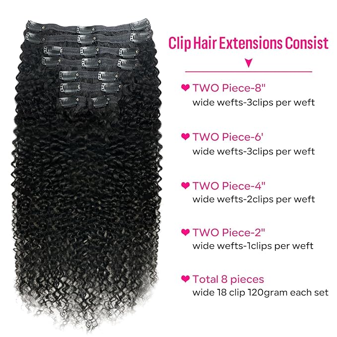 Curly Clip in Hair Extensions for Black Women Brazilian Virgin Human Hair Clip in Extensions 8Pcs Kinky Curly Clip ins Human Hair with 18Clips Double Lace Weft 120g 20nch Natural Black