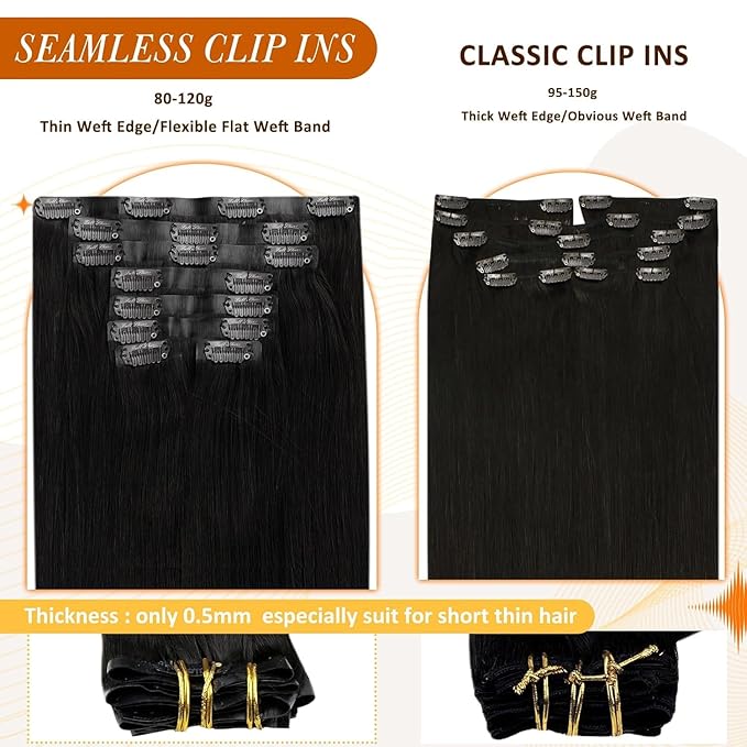 Full Shine Black Human Hair Extensions Seamless Clip in Hair Extension 22 Inch Natural Human Hair Clip in Extensions Black Real Hair for Women Thick End 8 PCS 120 G