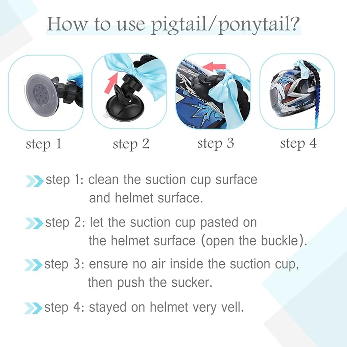 SEGO 1PCS/2PCS Helmet Pigtail Braids with Detachable Suction Cup Bowknot Ponytail Hair Many Colors (Helmet not Included)