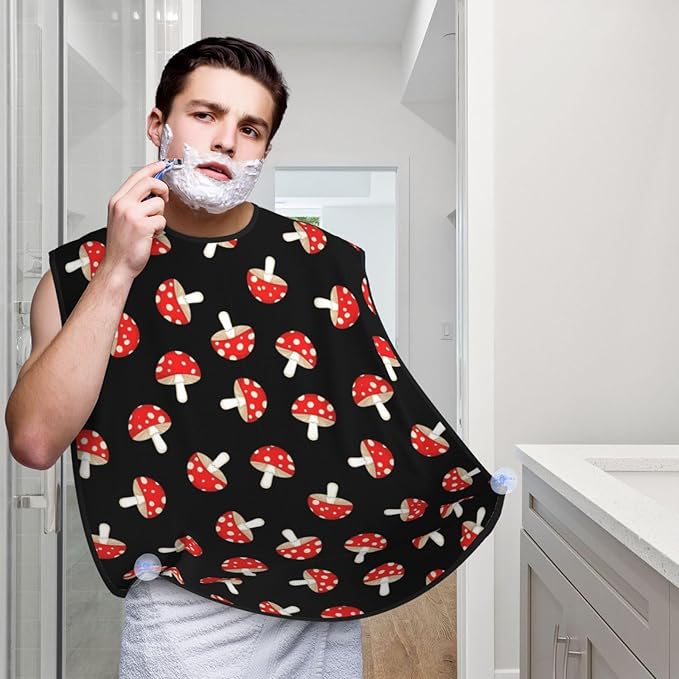 Ultimate Shaving Bib, Beard Trimming Apron with Hair Catcher, Cute Cartoon Red Mushrooms
