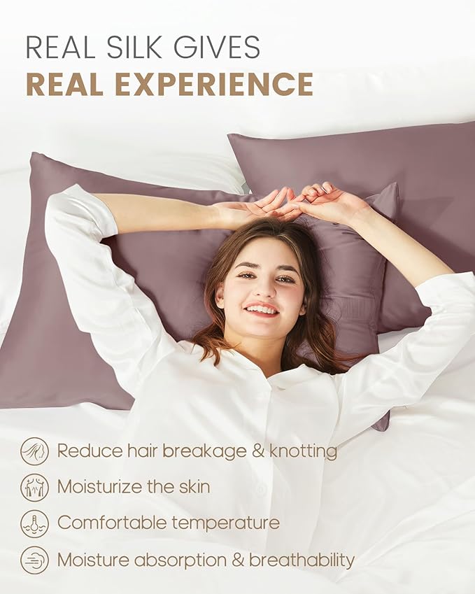 THXSILK Set of 2 Natural Mulberry Silk Pillowcase for Hair and Skin, Standard Size 20"x26" Silk Pillow Cases, Soft Smooth Cooling Premium Grade 6A+ Silk Pillow Cover with Concealed Zipper (Purple)