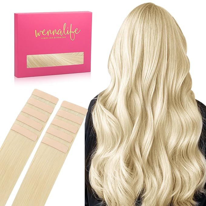 WENNALIFE Tape in Hair Extensions Human Hair Platinum Blonde Tape in Extensions, 10pcs 30g 20 inch Remy Invisible Tape Ins Straight Soft Real Human Hair Tape in Extensions Refill Set Extensions