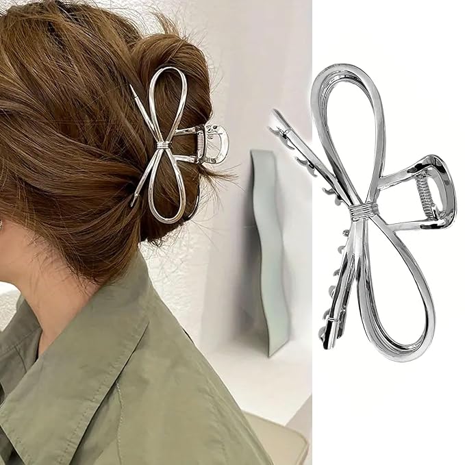 Metal Hair Claw Clips, Silvery Bowknot Alloy Non-Slip Strong Grip Hair Jaw Clips for Thick or Thin Hair (Silver Bow)