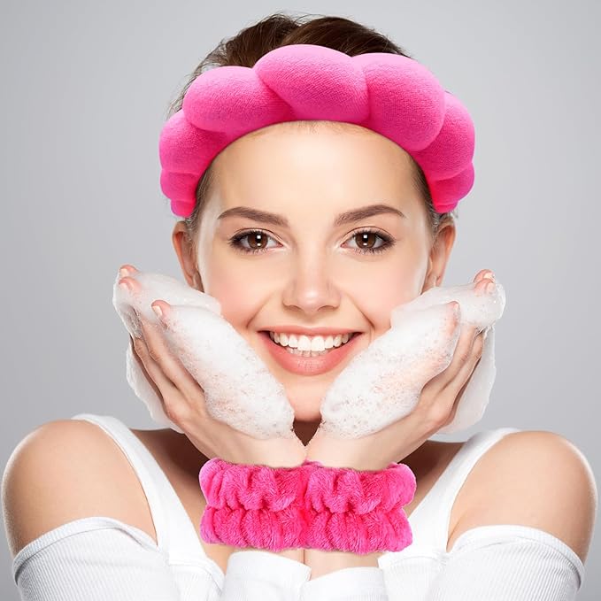 Zkptops Spa Headband for Washing Face Wristband Set Sponge Makeup Skincare Terry Cloth Bubble Soft Get Ready Hairband for Women Girl Puffy Padded Headwear Non Slip Thick Hair Accessory(Hot Pink)