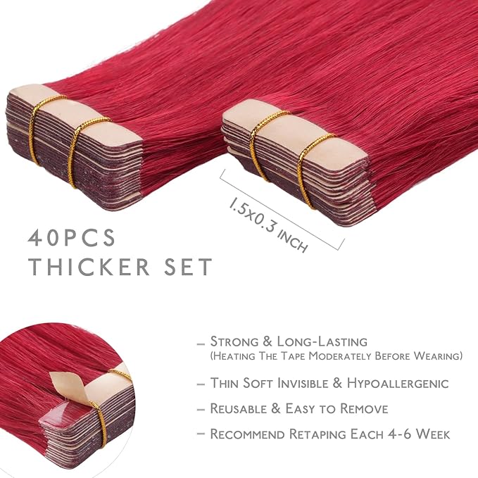 WENNALIFE Tape in Hair Extensions, 40pcs 60g 10 Inch Red Human Hair Straight Invisible Reusable Real Extensions