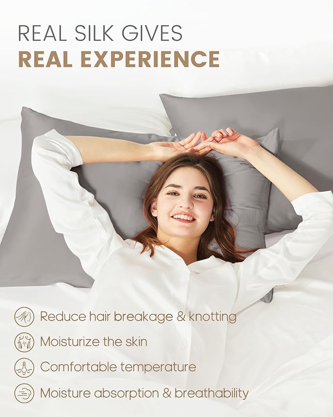 THXSILK Set of 2 Silk Pillowcase for Hair and Skin, 100% Mulberry Silk Bed Pillowcase Ultra-Soft, Hypoallergenic Breathable Silk Pillow Case with Hidden Zipper, California King 20"x40", Gray