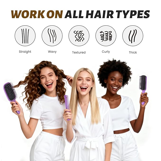 4Pcs Detangling Hair Brush Set for Women - Paddle Brush for Wet or Dry, No More Tangles for Straight, Long, Thick, Curly, and Natural Hair (Purple)